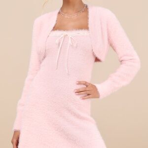Lulus Dynamic Sweetheart Pink Eyelash Knit Mini Dress & Shrug Set - Size S